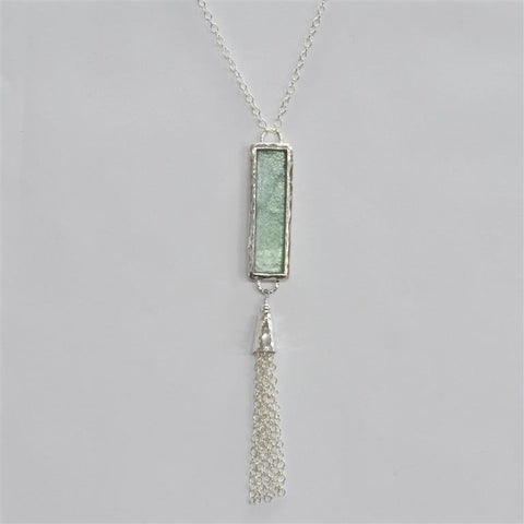 Long Rectangle with Drop Washed Roman Glass Necklace