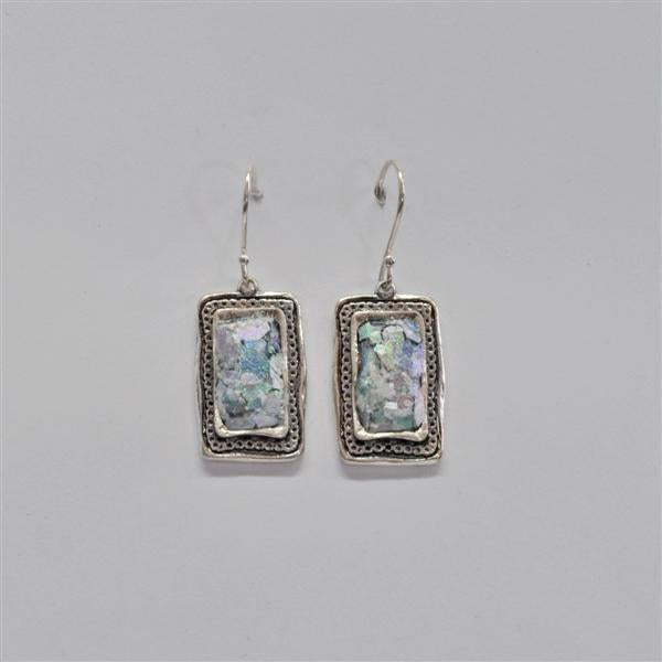 Rectangle Shaped with Circle Border Roman Glass Earrings