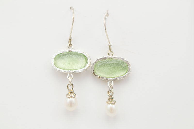 Oval Pearl Drop Washed Roman Glass Earrings