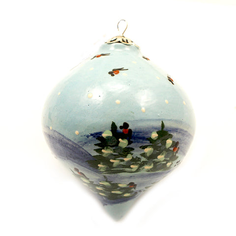 Winter Bird and Evergreens Teardrop Ceramic Ornament