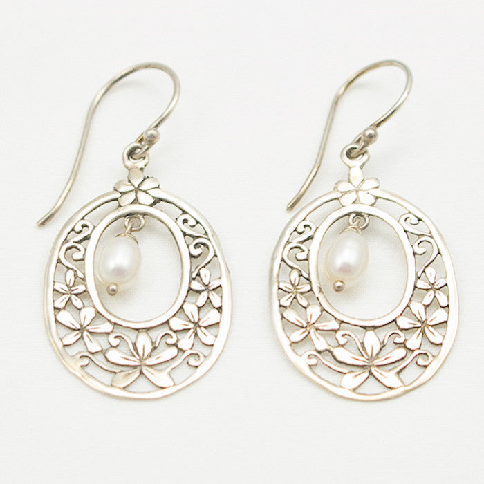 Sterling Silver Floral Design with Center Pearl Drop Earrings