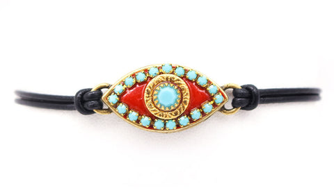 Tangerine and Turquoise Crystal Large Eye Leather Bracelet by Michal Golan