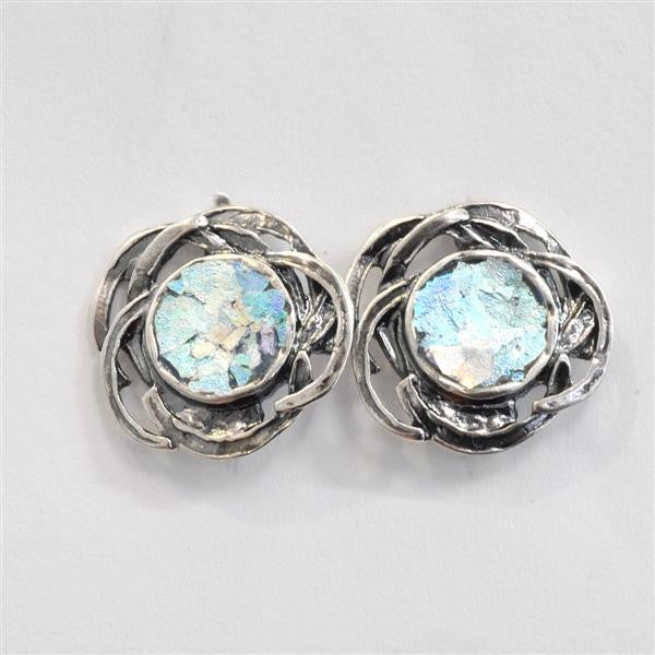 Abstract Blossom Patina Roman Glass Post Earrings