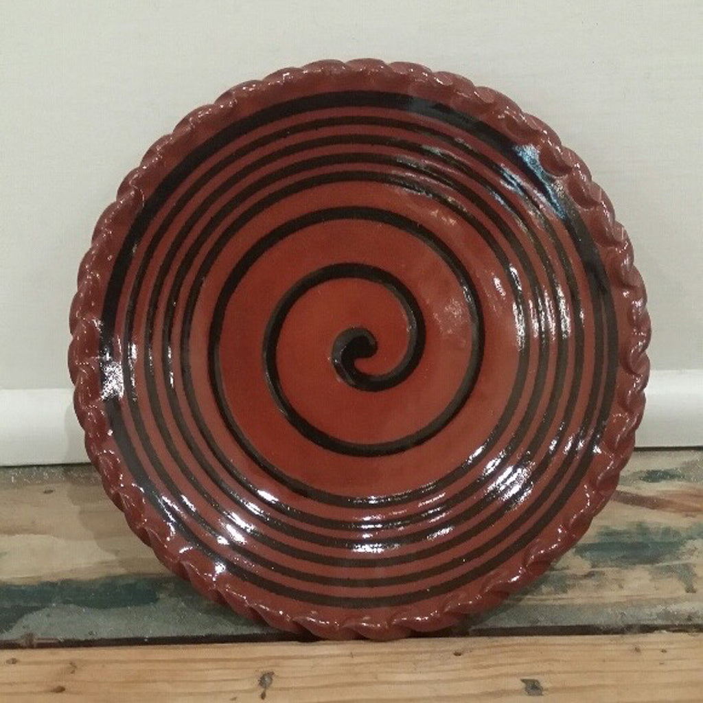 Redware Slab Plate with Big Black Swirl