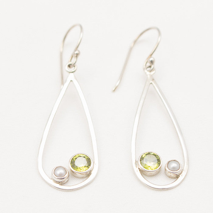 Sterling Silver Teardrop Dangle with Pearl And Faceted Peridot Earrings