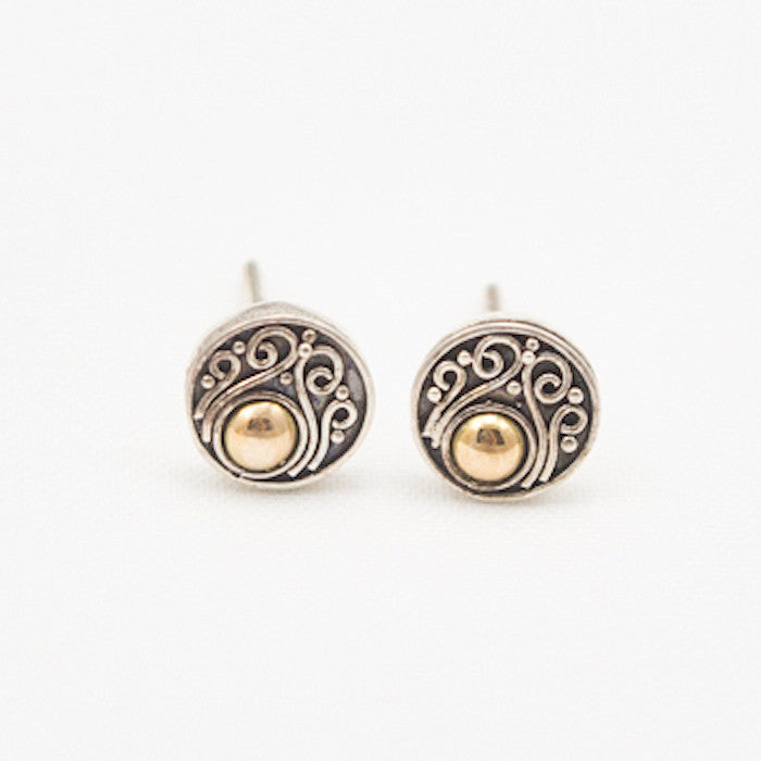 Sterling Silver Post Earrings with Off Set 22K Gold Center