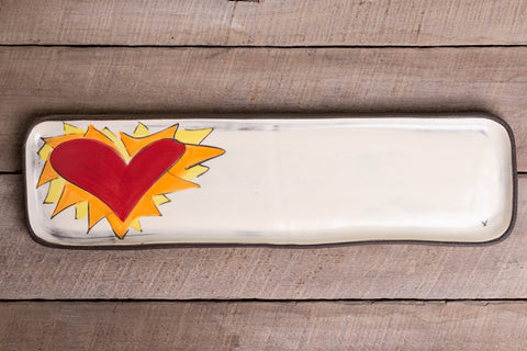 Flaming Heart in Orange Long Rectangle Tray Hand Painted Ceramic