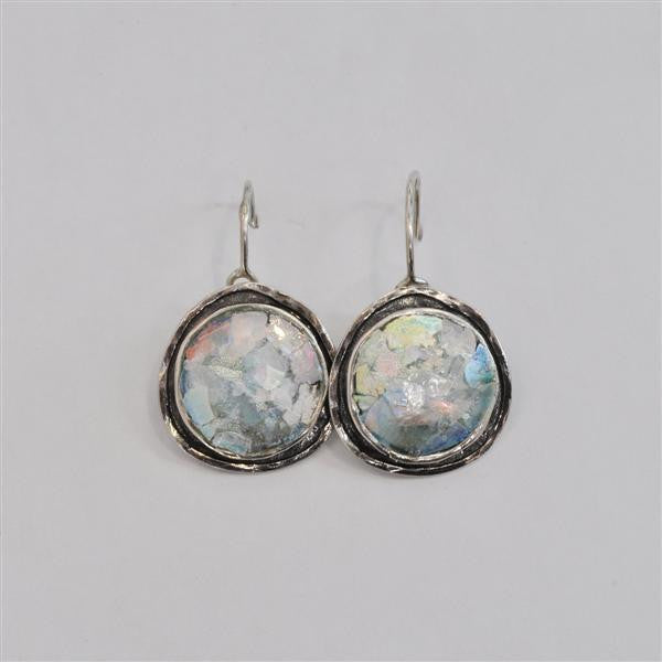 Channel Framed Round Patina Roman Glass Earrings