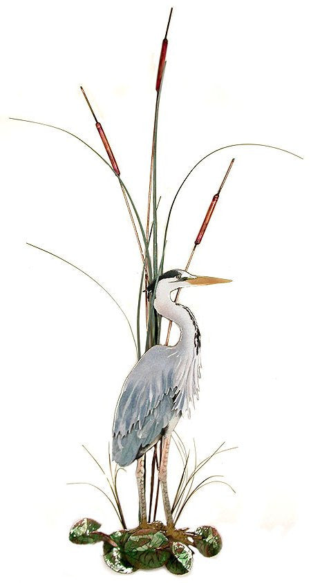Large Great Blue Heron with Cattails Facing Right Wall Art by Bovano Cheshire