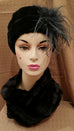 Minky in Black Luxury Faux Fur Cuffed Pillbox Hat with Gray Ostrich Feather