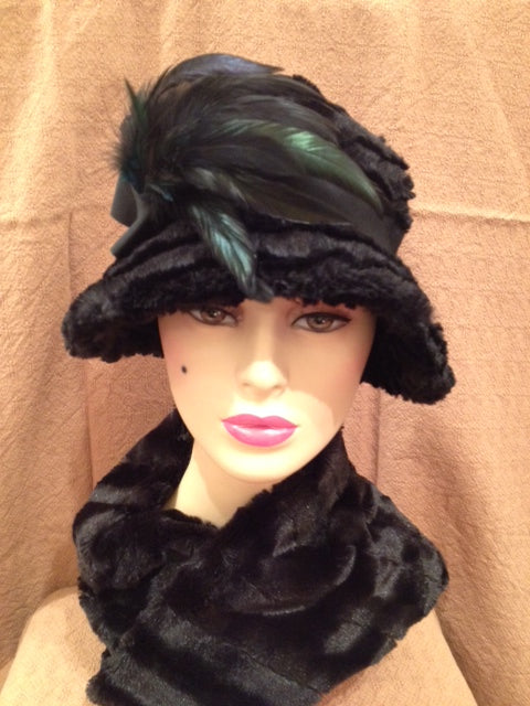 Desert Sand in Midnight Luxury Faux Fur Grace Hat with Black Band and Blue and Black Feathers: Size Medium