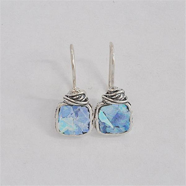 Wrapped Top Square Patina Roman Glass Earrings