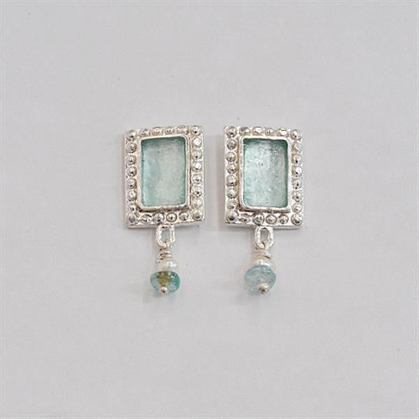 Studded Edge Rectangle Washed Roman Glass Post Earrings with Apatite and Freshwater Pearls