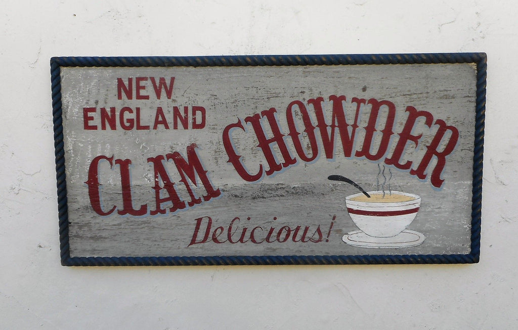 New England Clam Chowder Delicious with Painted Bowl and Decorative Blue Trim Americana Art