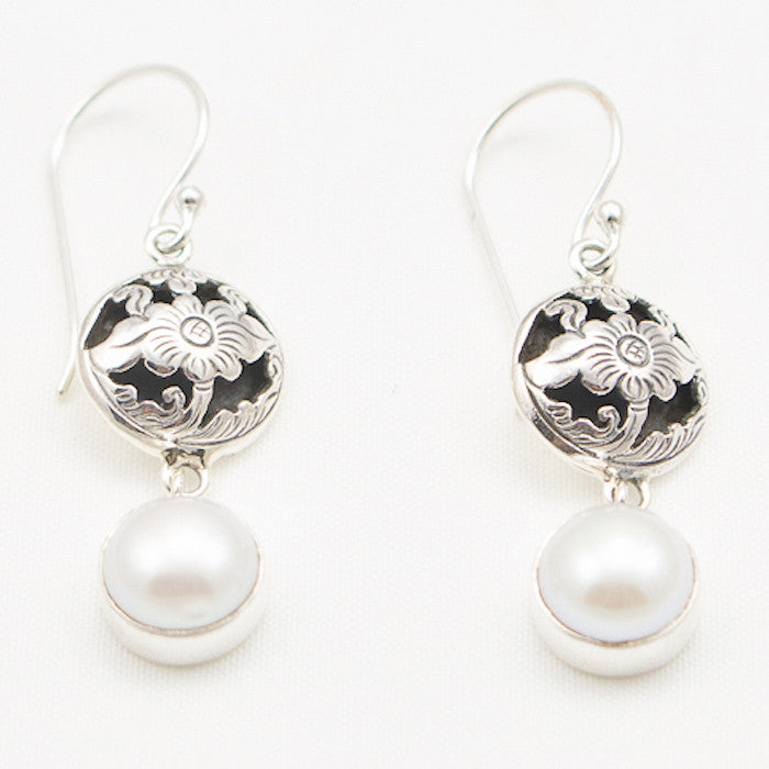 Sterling Silver Floral Cutout with Pearl Drop Earrings