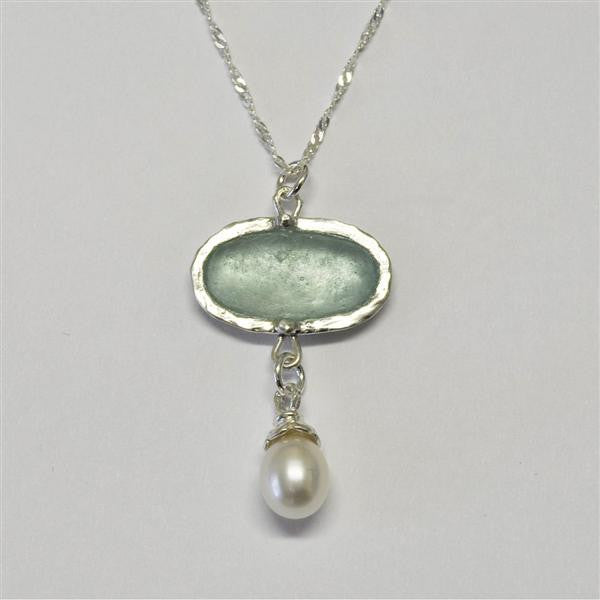 Wide Oval Roman Glass Necklace with Pearl