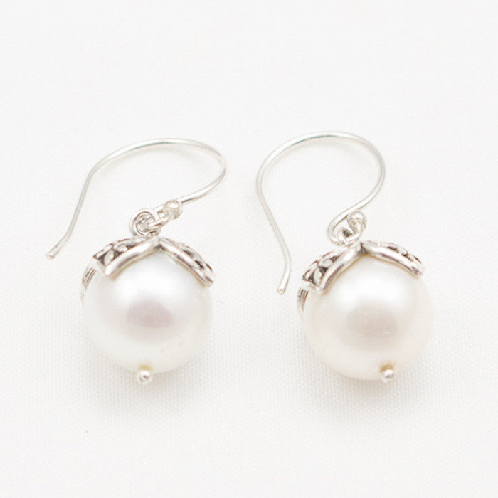 Sterling Silver Round Pearl with Silver Leaf Cap Dangle Earrings