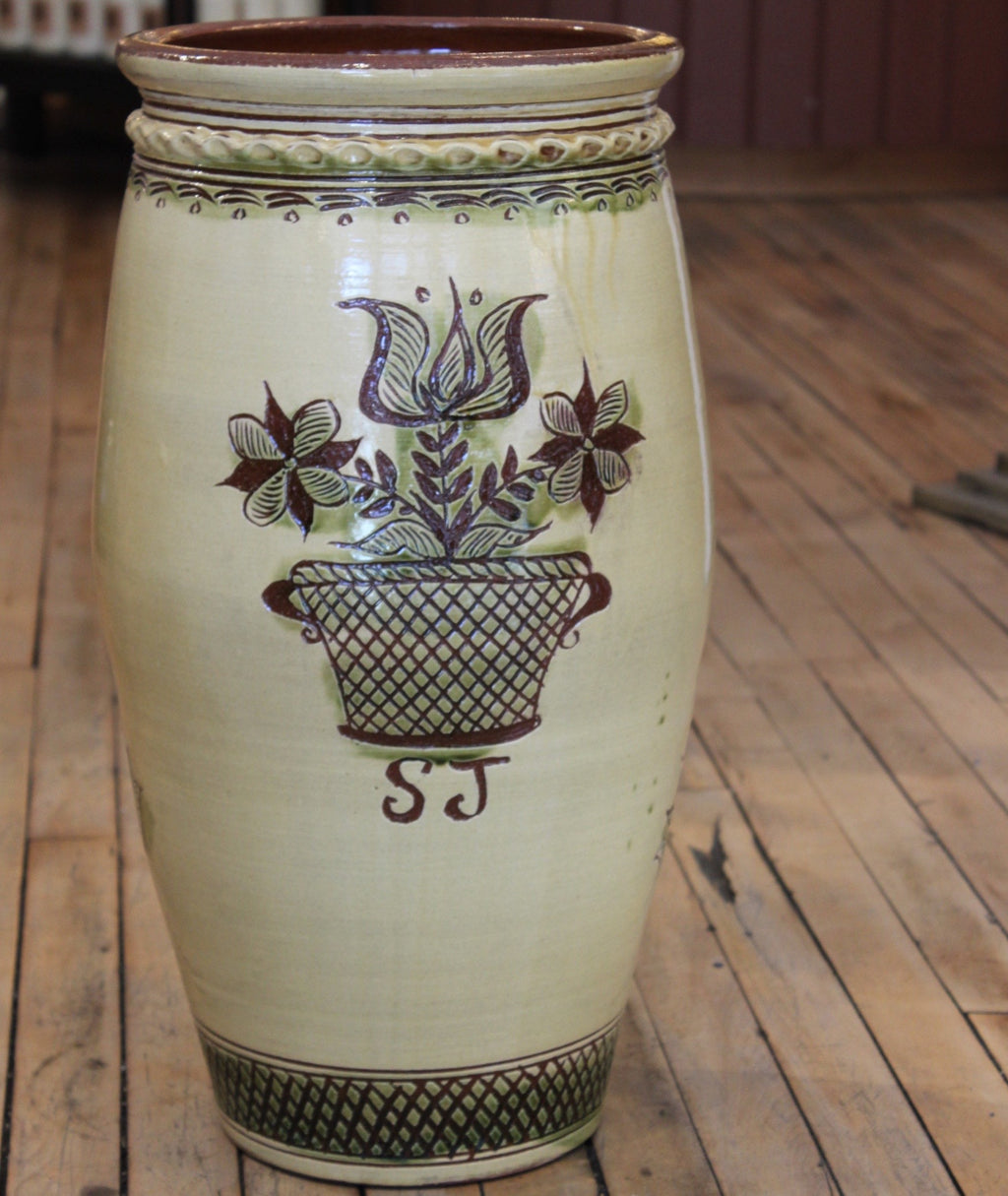 Redware Large Urn with Pot of Flowers and Two Birds