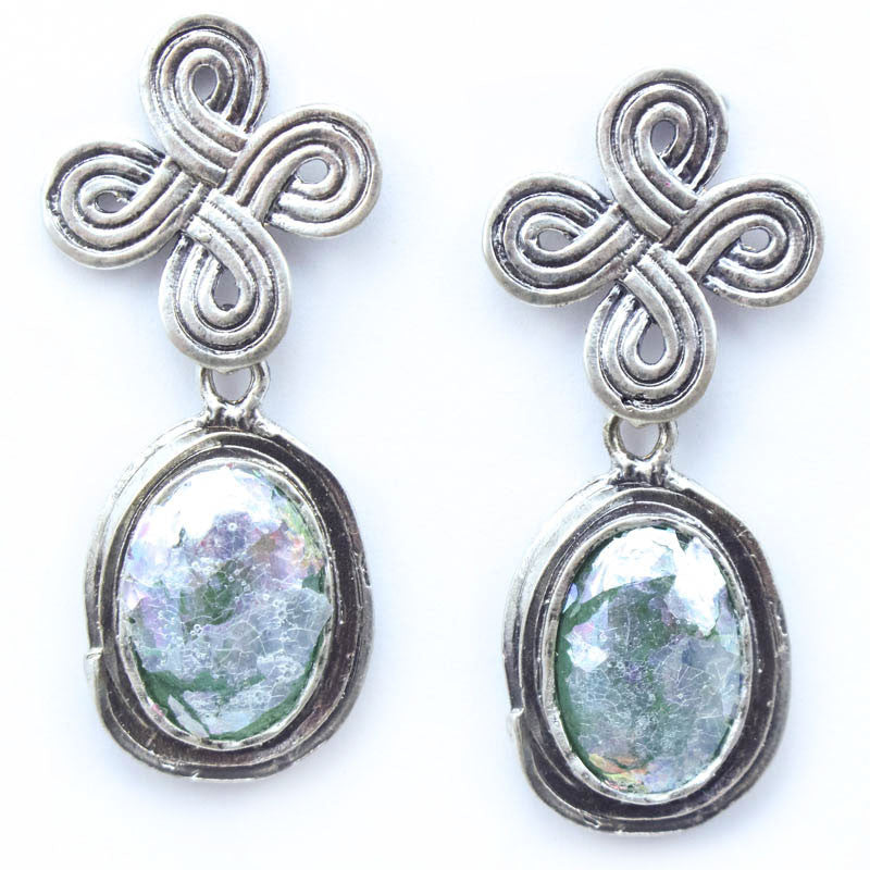 Celtic Knot Oval Patina Roman Glass Sterling Silver Post Earrings