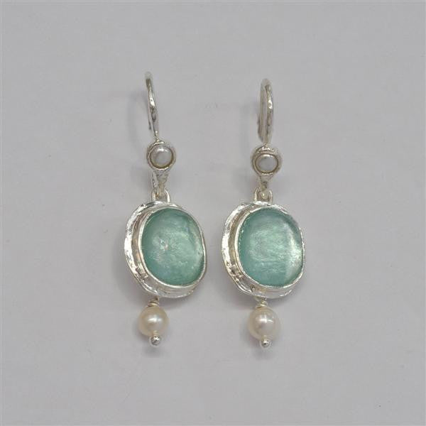Oval Dangle with Peral Washed Roman Glass Earrings