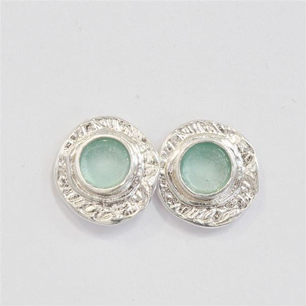 Wide Framed Round Washed Roman Glass Post Earrings