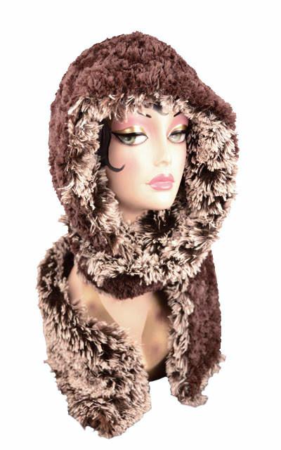 Silver Tipped Fox in Brown with Cuddly Chocolate Luxury Faux Fur Hoody Scarf