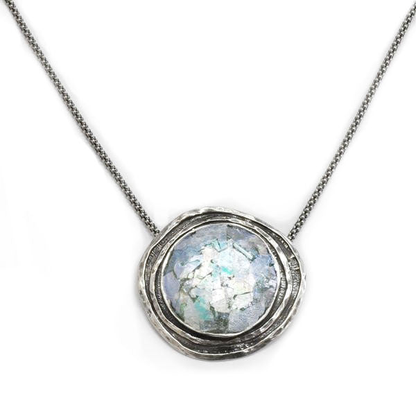 Channel Framed Round Patina Roman Glass Necklace